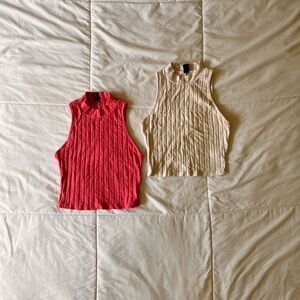 Sleeveless Ribbed Knit Tops - Pink and White
